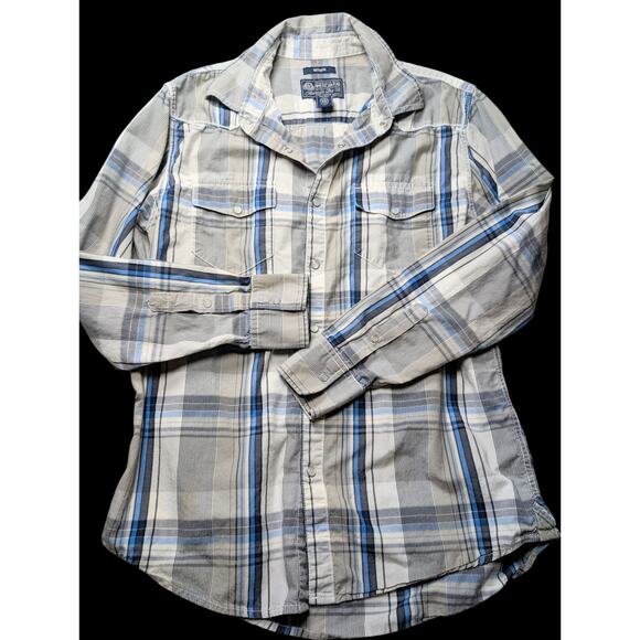 American Rag Cie Blue Plaid Flap Pocket Long Sleeve Western Pearl Snaps Men’s M - Picture 1 of 5